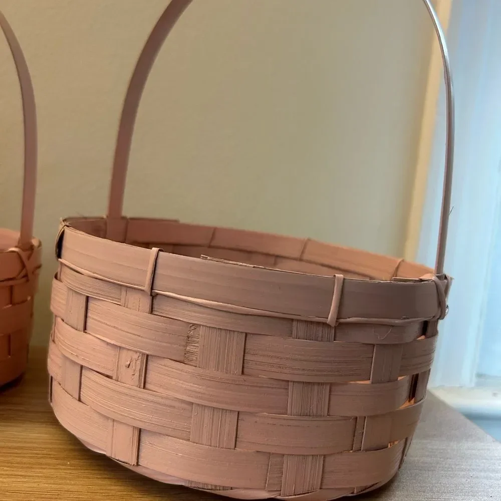 Set of 3 Pink Woven Picnic Baskets with Handles